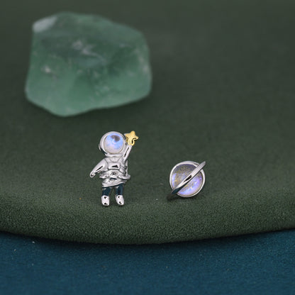 Mismatched Astronaut and Planet  Stud Earrings in Sterling Silver, Asymmetric Planet and Spaceman Earrings with Moonstone, Cute and Fun