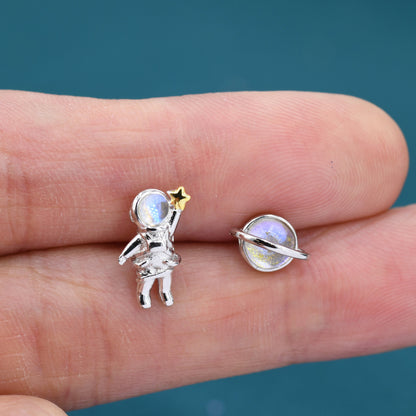 Mismatched Astronaut and Planet  Stud Earrings in Sterling Silver, Asymmetric Planet and Spaceman Earrings with Moonstone, Cute and Fun