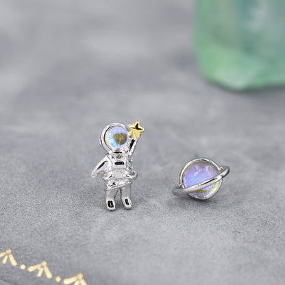 Mismatched Astronaut and Planet  Stud Earrings in Sterling Silver, Asymmetric Planet and Spaceman Earrings with Moonstone, Cute and Fun