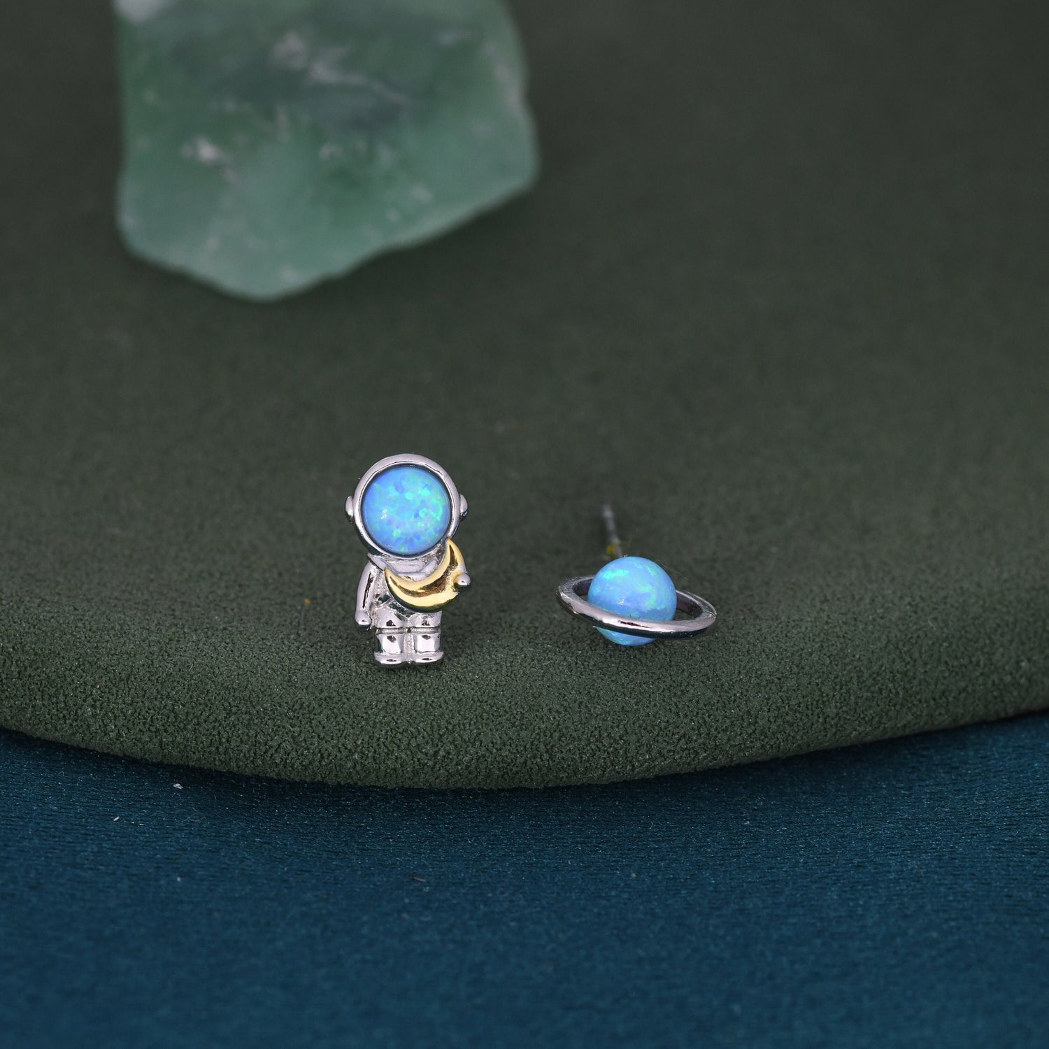 Mismatched Astronaut and Planet Stud Earrings in Sterling Silver, Asymmetric Planet and Spaceman Earrings with Blue Opal, Cute and Fun