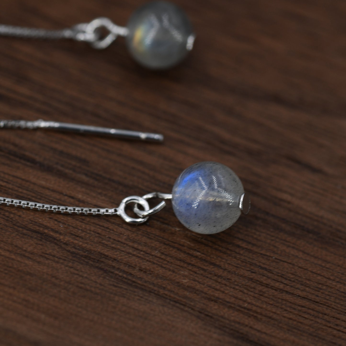 Genuine Labradorite Threader Earrings in Sterling Silver, 6mm Labradorite Ball Ear Threaders