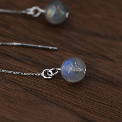 Genuine Labradorite Threader Earrings in Sterling Silver, 6mm Labradorite Ball Ear Threaders