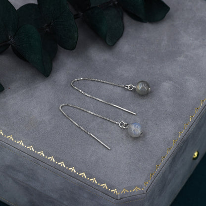 Genuine Labradorite Threader Earrings in Sterling Silver, 6mm Labradorite Ball Ear Threaders