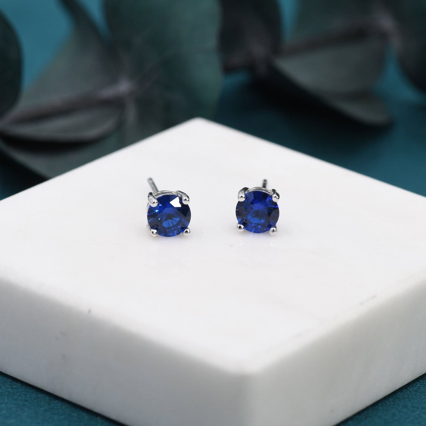 Sapphire Blue CZ Stud Earrings in Sterling Silver, 5mm Brilliant Cut Crystal Earrings, September Birthstone