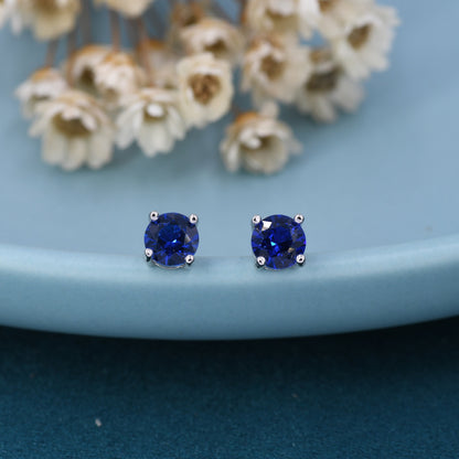 Sapphire Blue CZ Stud Earrings in Sterling Silver, 5mm Brilliant Cut Crystal Earrings, September Birthstone