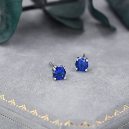 Sapphire Blue CZ Stud Earrings in Sterling Silver, 5mm Brilliant Cut Crystal Earrings, September Birthstone