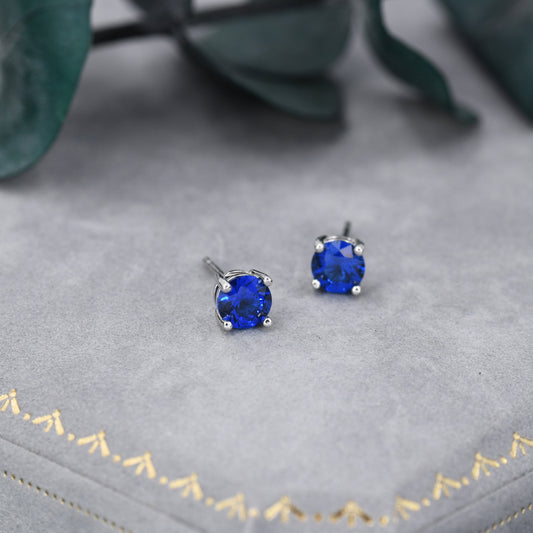 Sapphire Blue CZ Stud Earrings in Sterling Silver, 5mm Brilliant Cut Crystal Earrings, September Birthstone