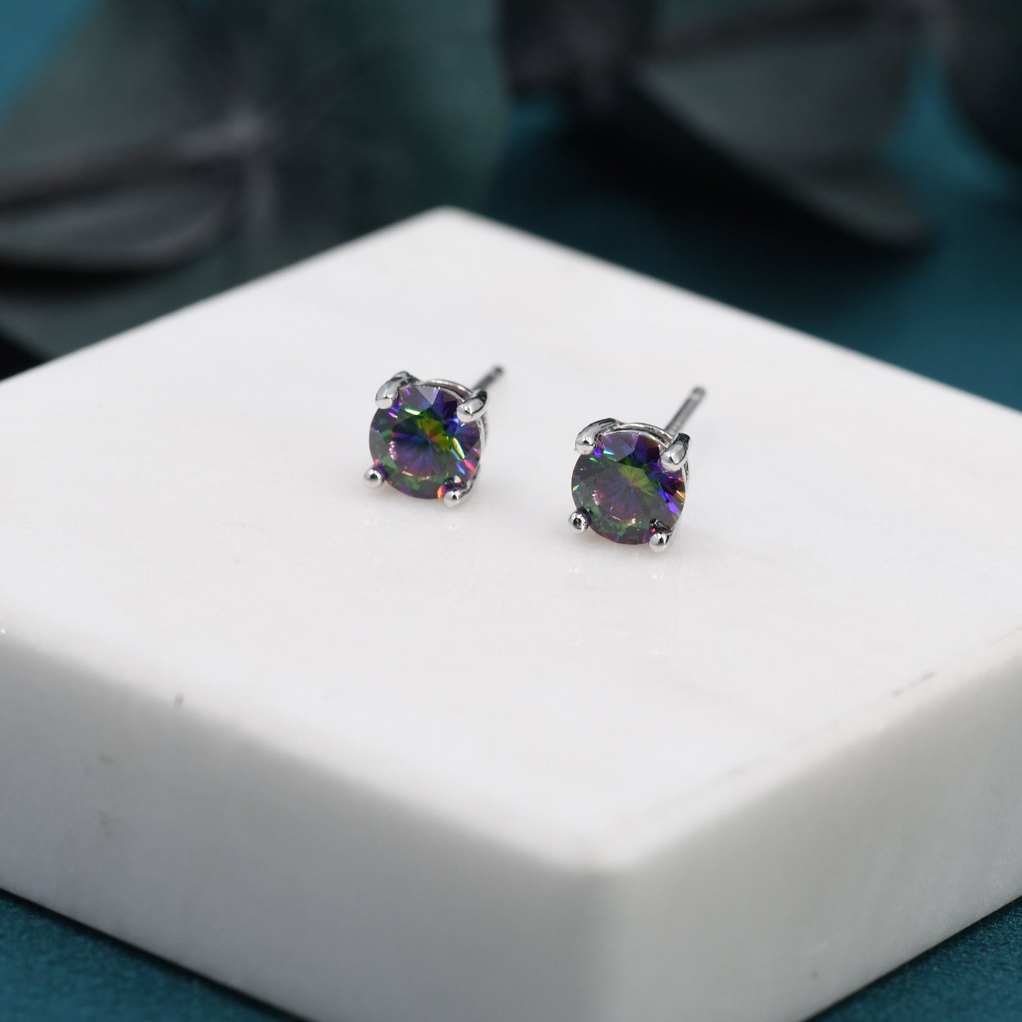 Mystic Black CZ Stud Earrings in Sterling Silver, 5mm Brilliant Cut AB Crystal Earrings, Birthstone