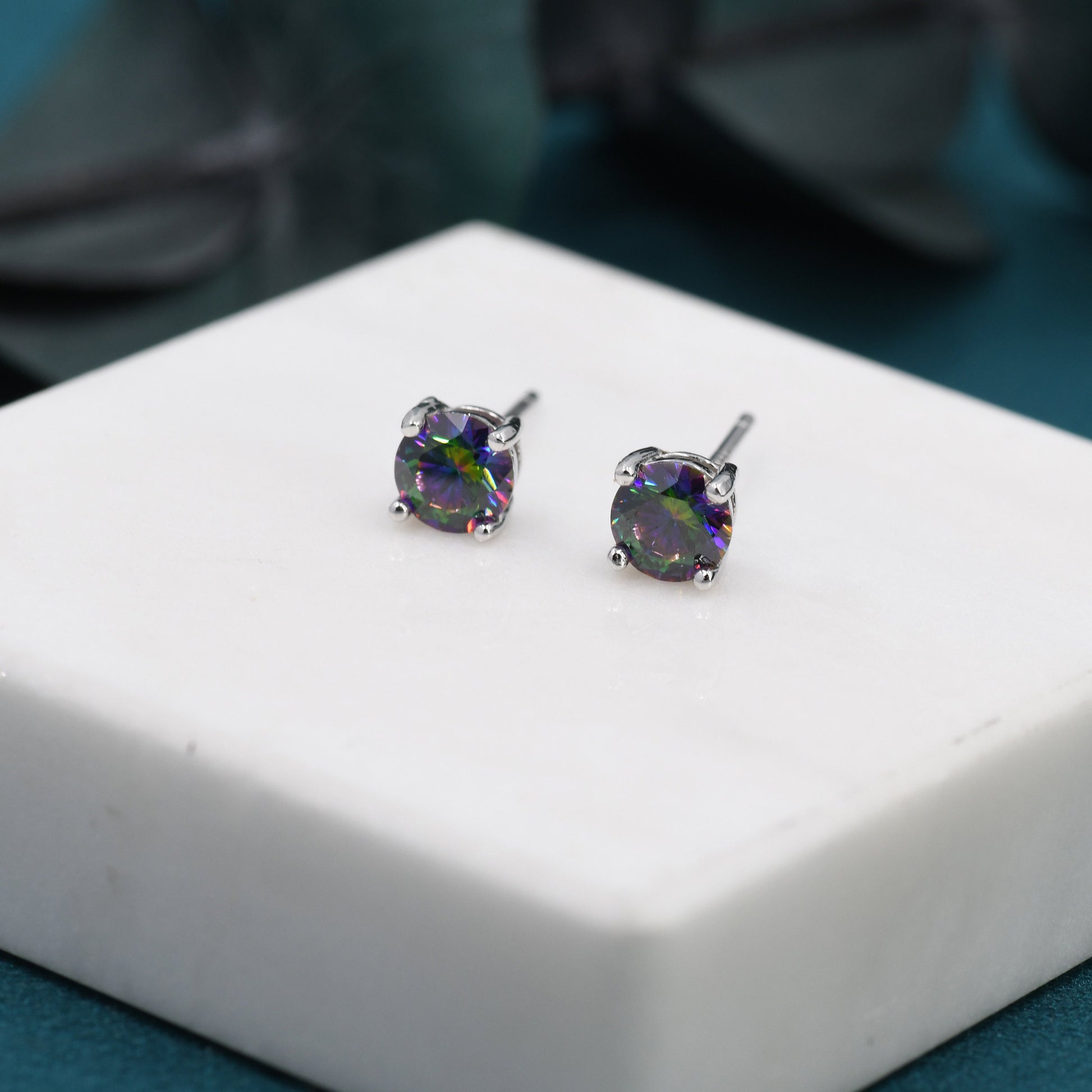 Mystic Black CZ Stud Earrings in Sterling Silver, 5mm Brilliant Cut AB Crystal Earrings, Birthstone