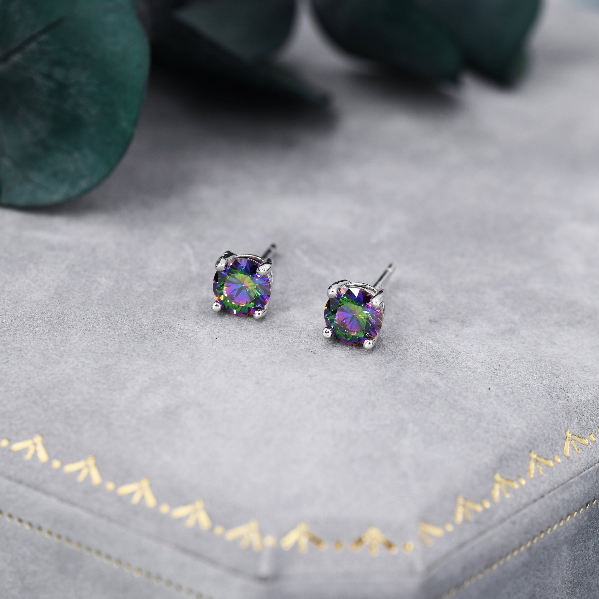 Mystic Black CZ Stud Earrings in Sterling Silver, 5mm Brilliant Cut AB Crystal Earrings, Birthstone