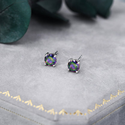Mystic Black CZ Stud Earrings in Sterling Silver, 5mm Brilliant Cut AB Crystal Earrings, Birthstone