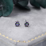 Mystic Black CZ Stud Earrings in Sterling Silver, 5mm Brilliant Cut AB Crystal Earrings, Birthstone