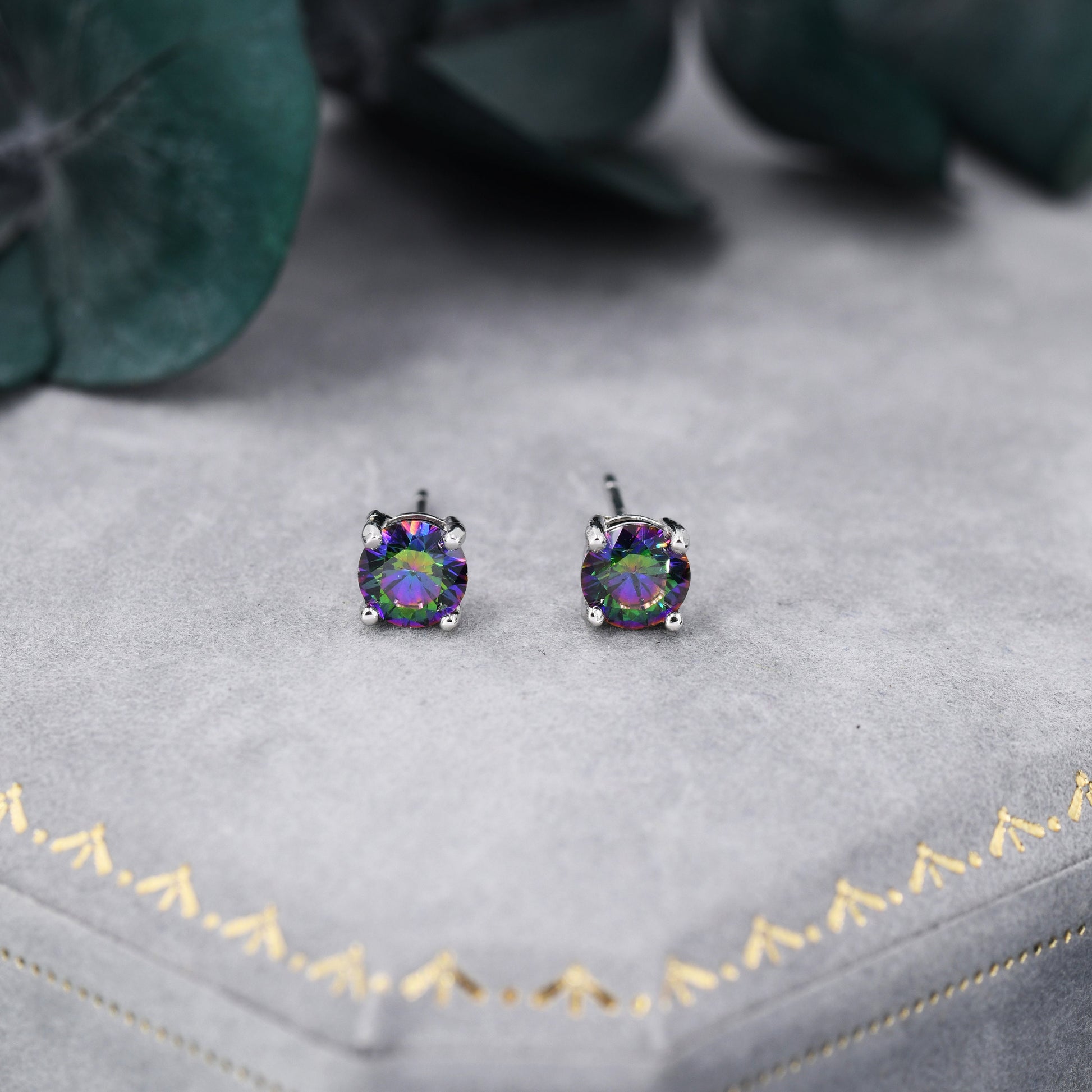 Mystic Black CZ Stud Earrings in Sterling Silver, 5mm Brilliant Cut AB Crystal Earrings, Birthstone