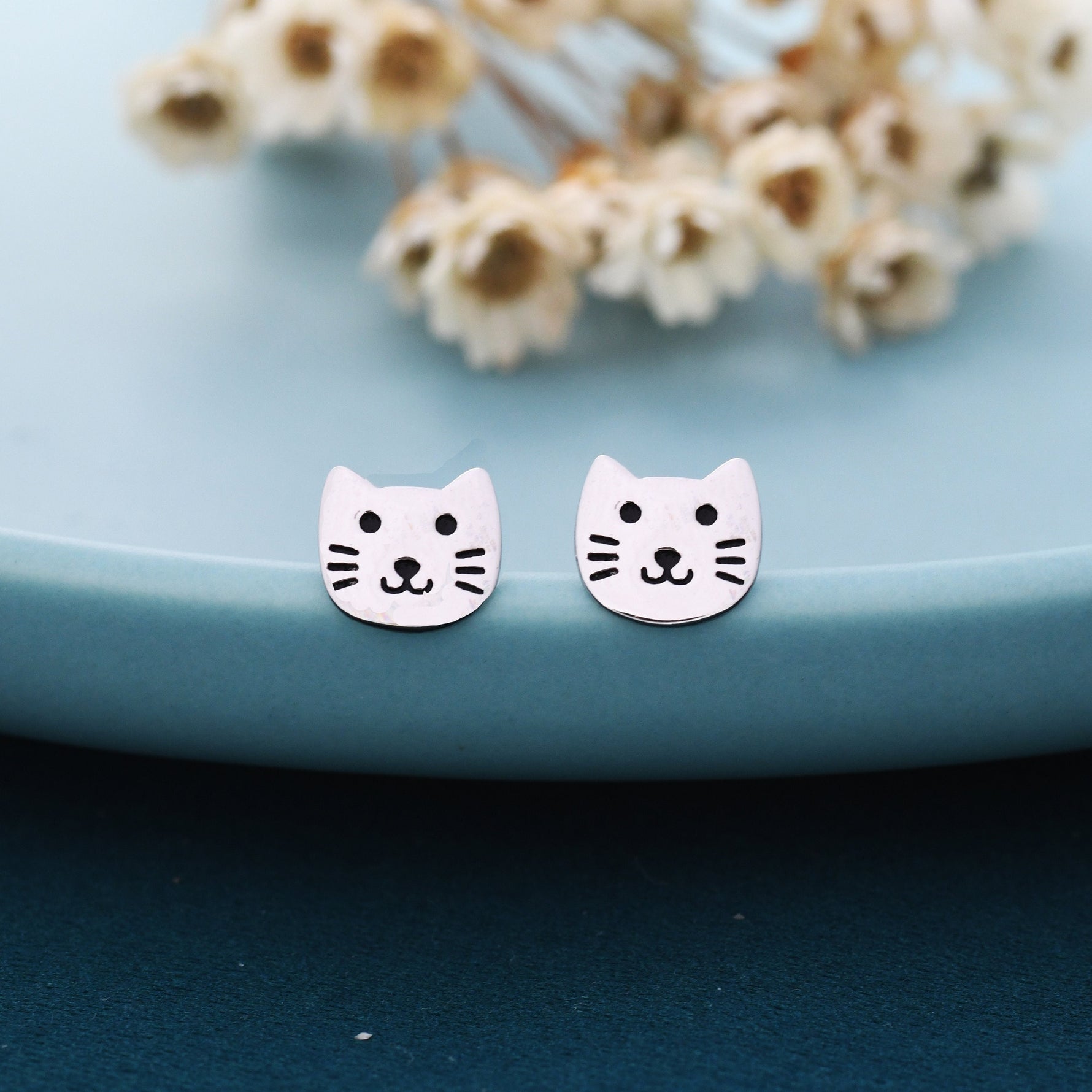 Cute Little Cat Stud Earrings in Sterling Silver - Kawai Cat - Animal Stud Earrings - Cute, Fun, Whimsical, Cat Earrings
