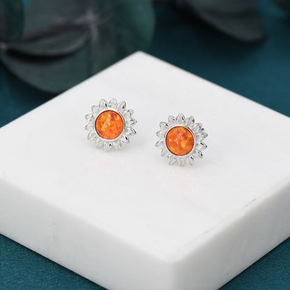 Opal Sunflower Stud Earrings in Sterling Silver - Flower Stud Earrings  - Cute,  Fun, Whimsical