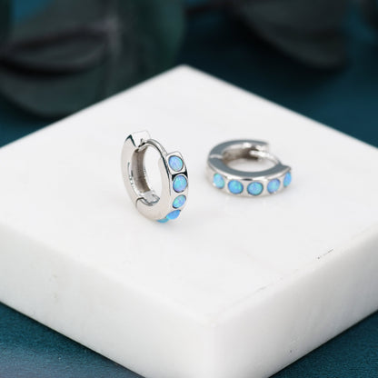 Sterling Silver Opal Huggie Hoop Earrings, Blue and White Opal, Minimalist Geometric Hoop Earrings