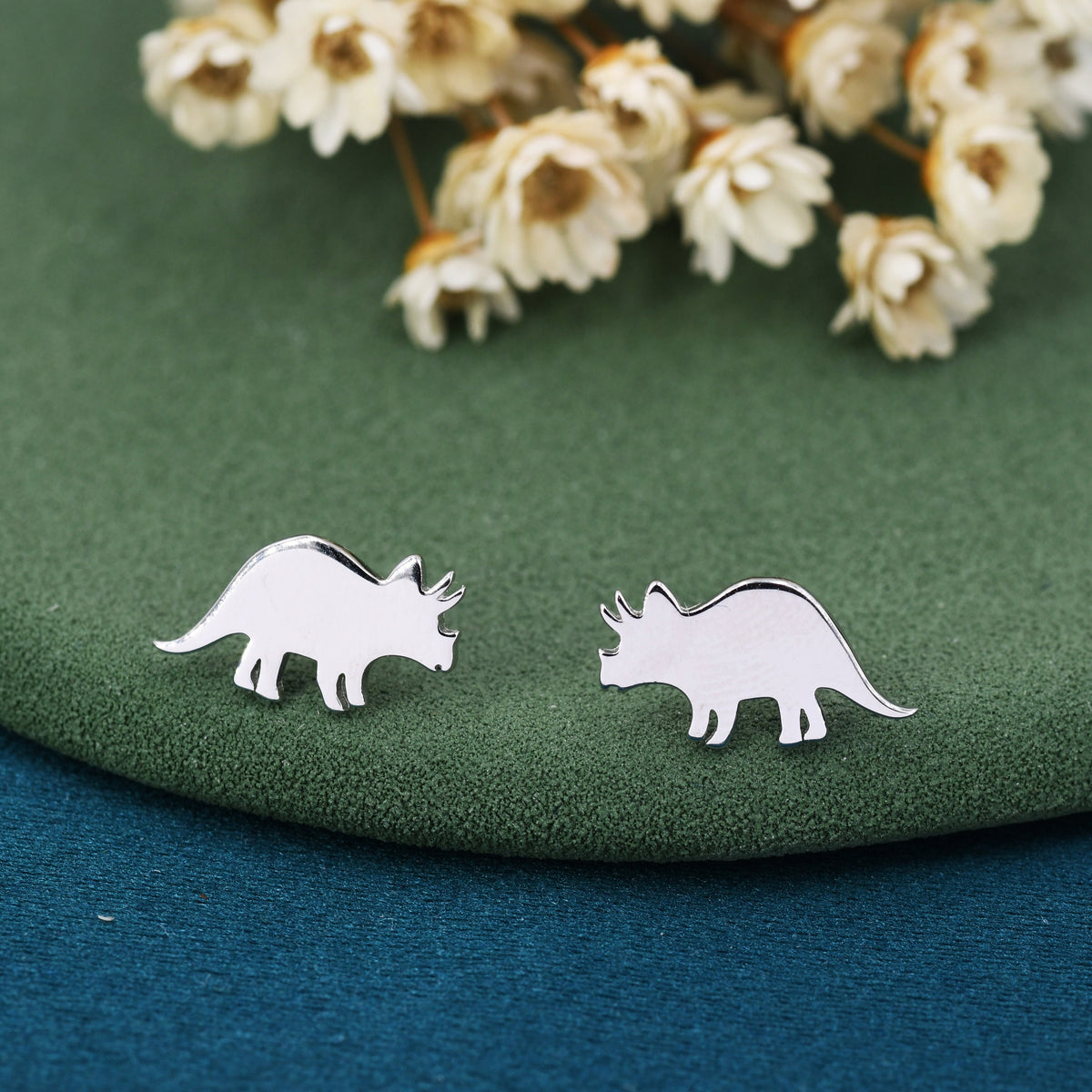 Tricerotops Dinosaur Stud Earrings in Sterling Silver, Cute Fun Quirky Animal Jewellery, Jewelry Gift for Her, Animal Lover