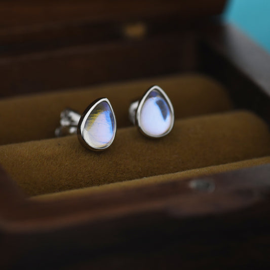 Sterling Silver Droplet Moonstone Stud Earrings, Mermaid Colour Earrings, Available in two sizes, Simulated Moonstone Glass Earrings,