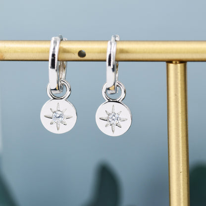 Starburst Disk Charm Huggie Hoop Earrings in Sterling Silver with Detachable Coin Charms, North Star Celestial Geometric Design