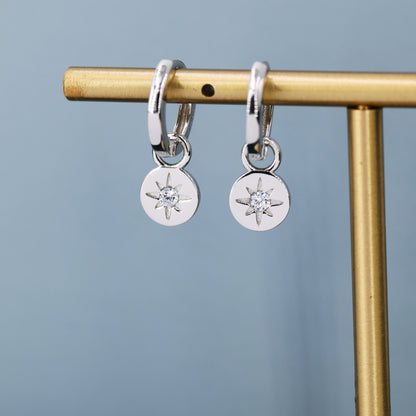 Starburst Disk Charm Huggie Hoop Earrings in Sterling Silver with Detachable Coin Charms, North Star Celestial Geometric Design