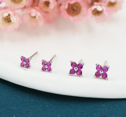 Ruby Pink CZ Flower Stud Earrings in Sterling Silver, Crystal Flower Earring, Four Crystal Stud