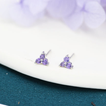 Extra Small Trinity CZ Stud Earrings in Sterling Silver - Three Dot - Gold or Silver -  Amethyst pruple