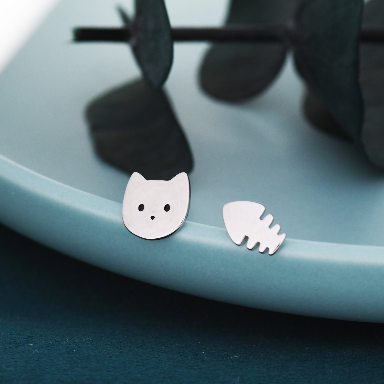 Mismatched Cat and Fishbone Stud Earrings in Sterling Silver, Asymmetric Cat and Fish Earrings, Cute Cat Lover Earrings