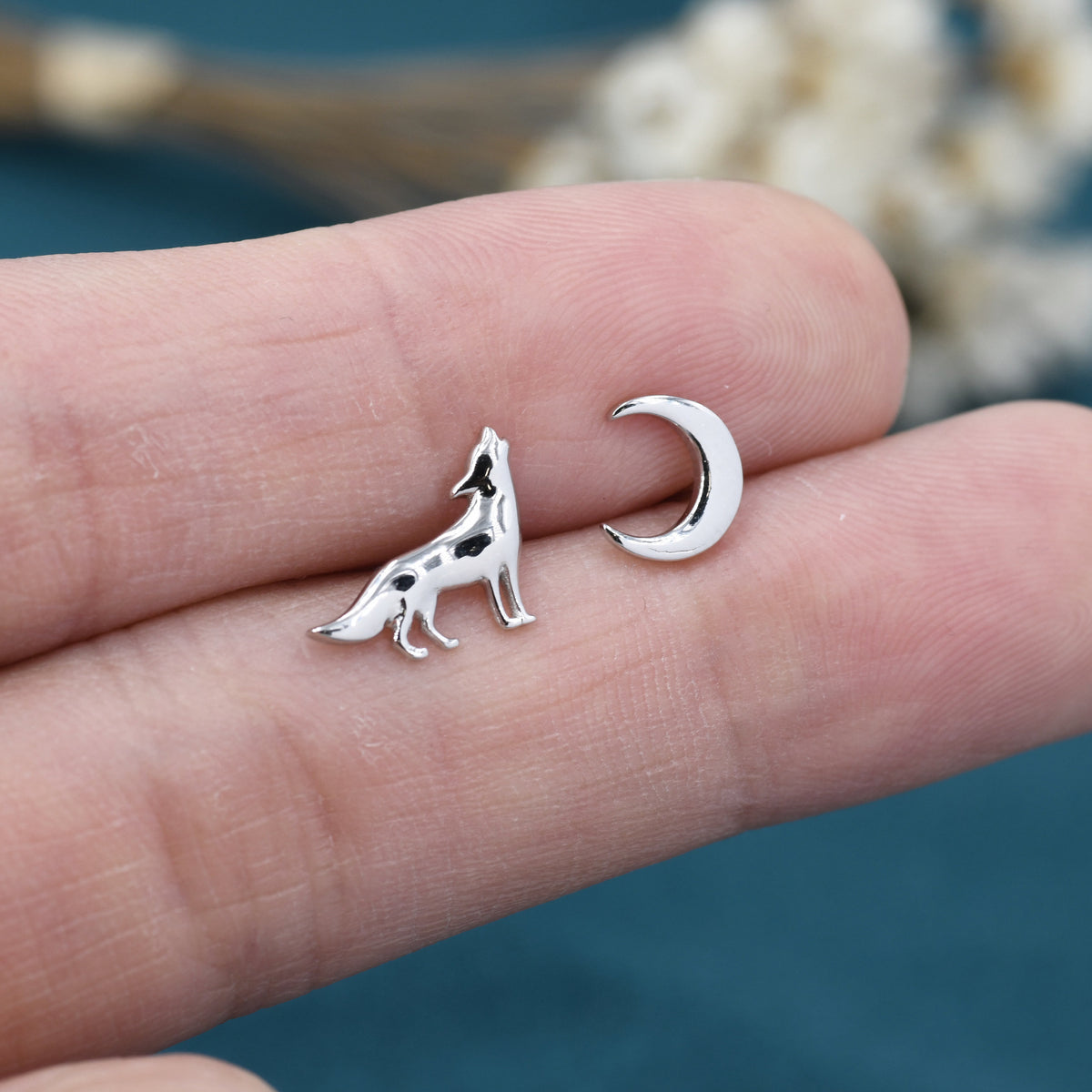 Mismatched Wolf and Moon Stud Earrings in Sterling Silver, Silver, Gold or Rose Gold, Asymmetric Wolf and Crescent Moon Earrings