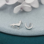 Mismatched Wolf and Moon Stud Earrings in Sterling Silver, Silver, Gold or Rose Gold, Asymmetric Wolf and Crescent Moon Earrings