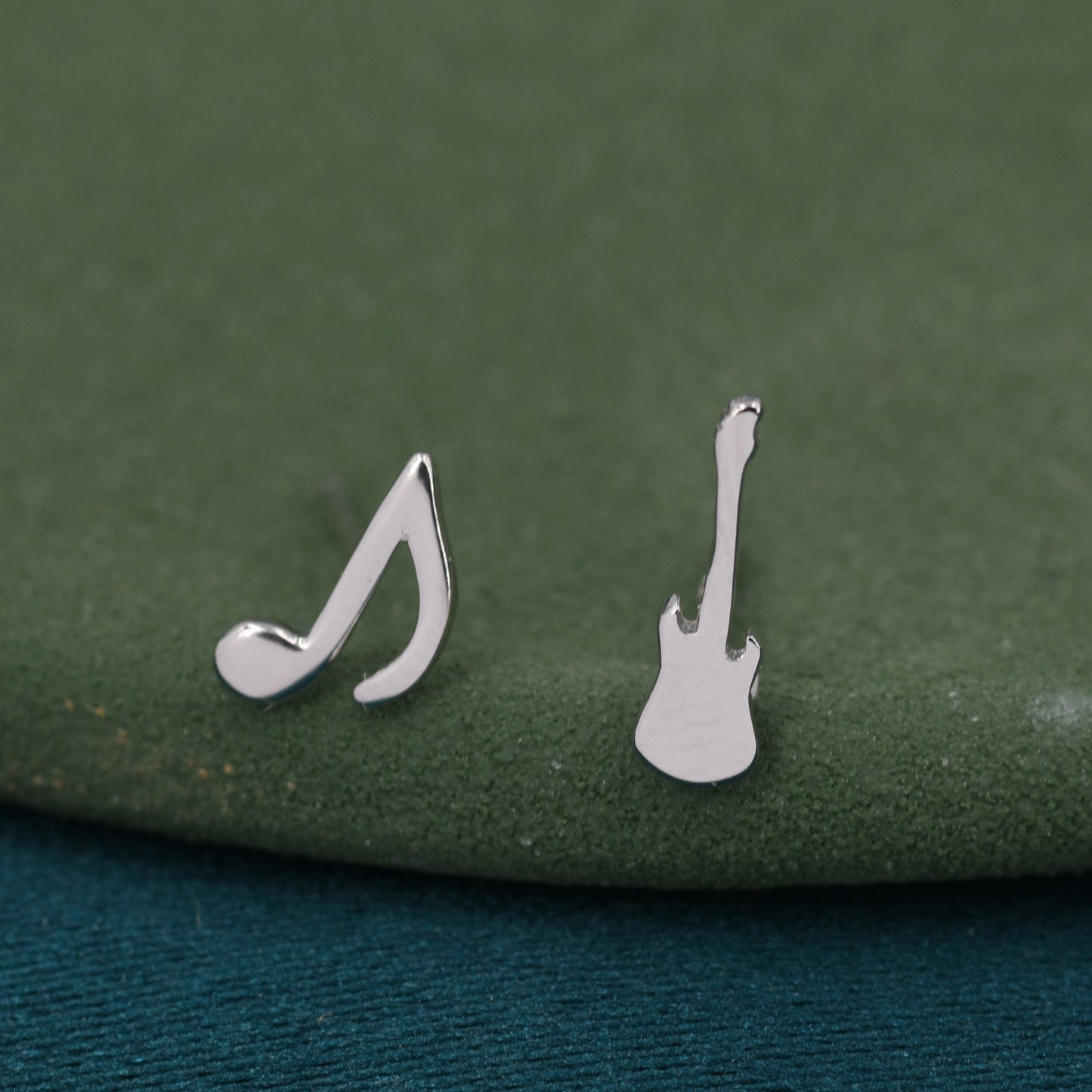 Mismatched Electric Guitar and Music Note Stud Earrings in Sterling Silver, Asymmetric Guitar and Music Earrings