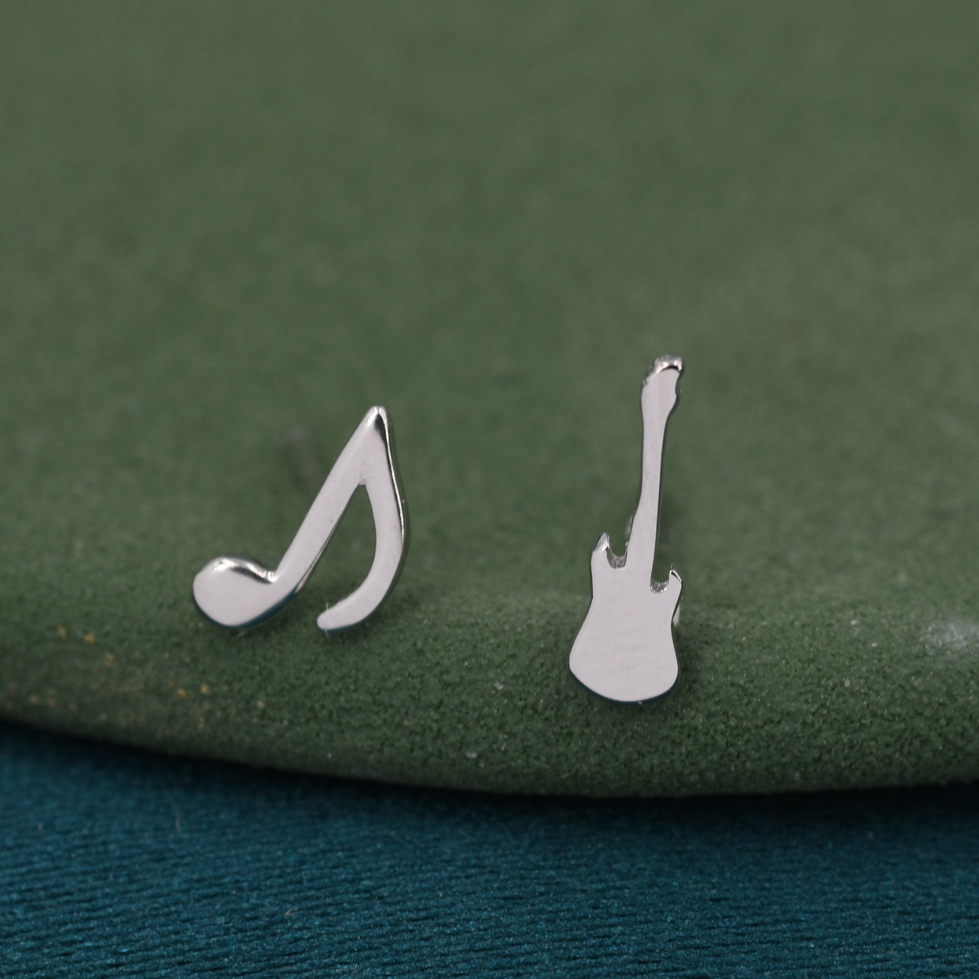 Mismatched Electric Guitar and Music Note Stud Earrings in Sterling Silver, Asymmetric Guitar and Music Earrings