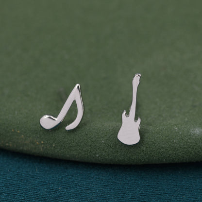 Mismatched Electric Guitar and Music Note Stud Earrings in Sterling Silver, Asymmetric Guitar and Music Earrings