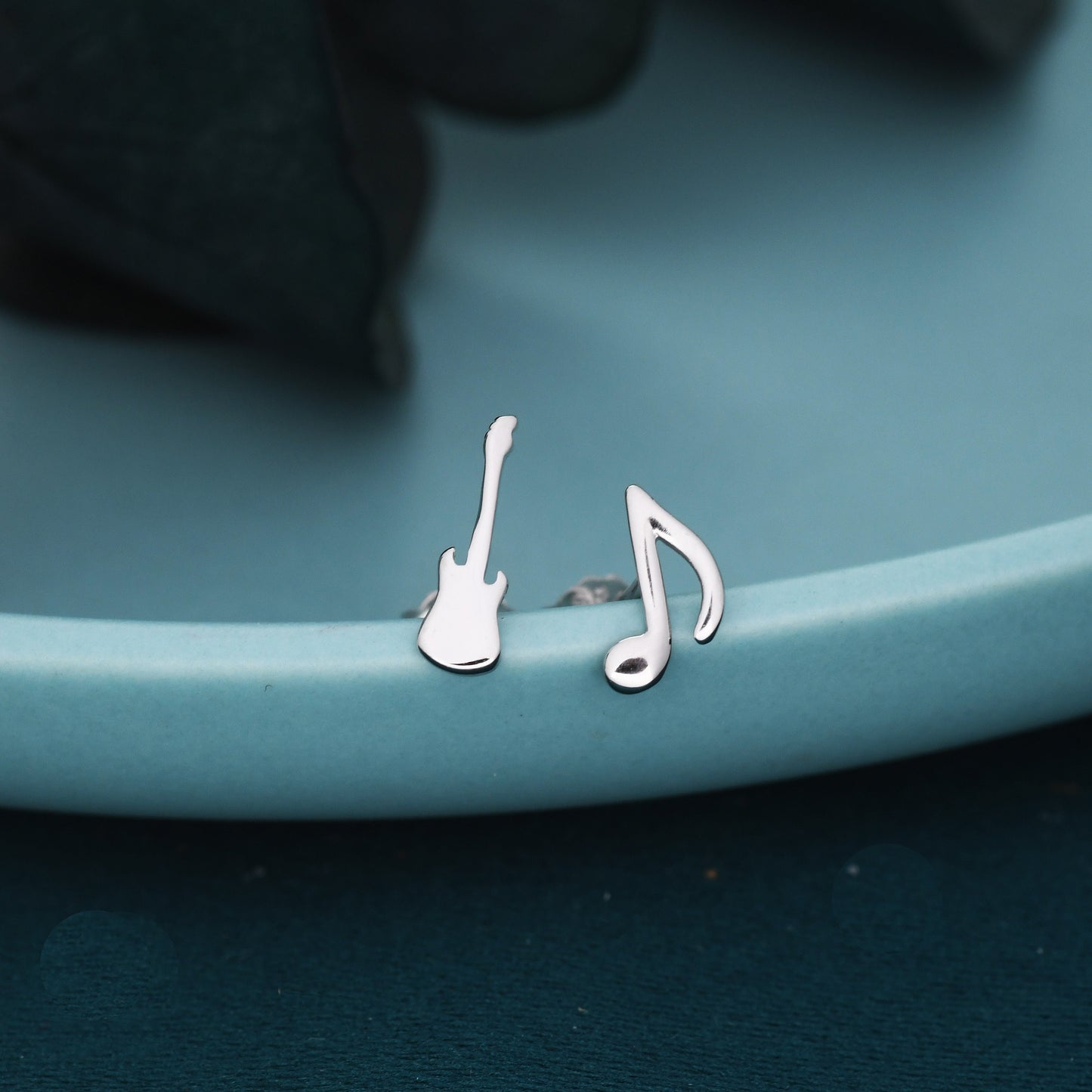 Mismatched Electric Guitar and Music Note Stud Earrings in Sterling Silver, Asymmetric Guitar and Music Earrings