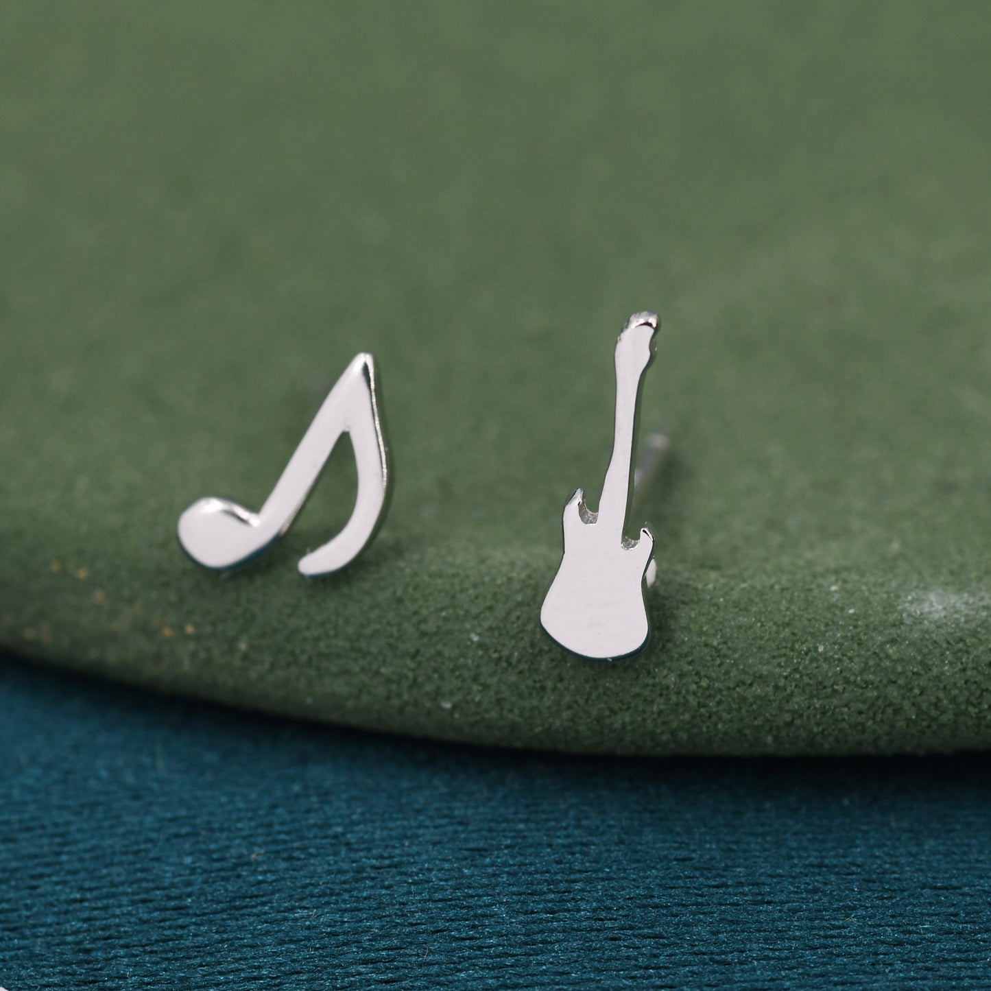 Mismatched Electric Guitar and Music Note Stud Earrings in Sterling Silver, Asymmetric Guitar and Music Earrings