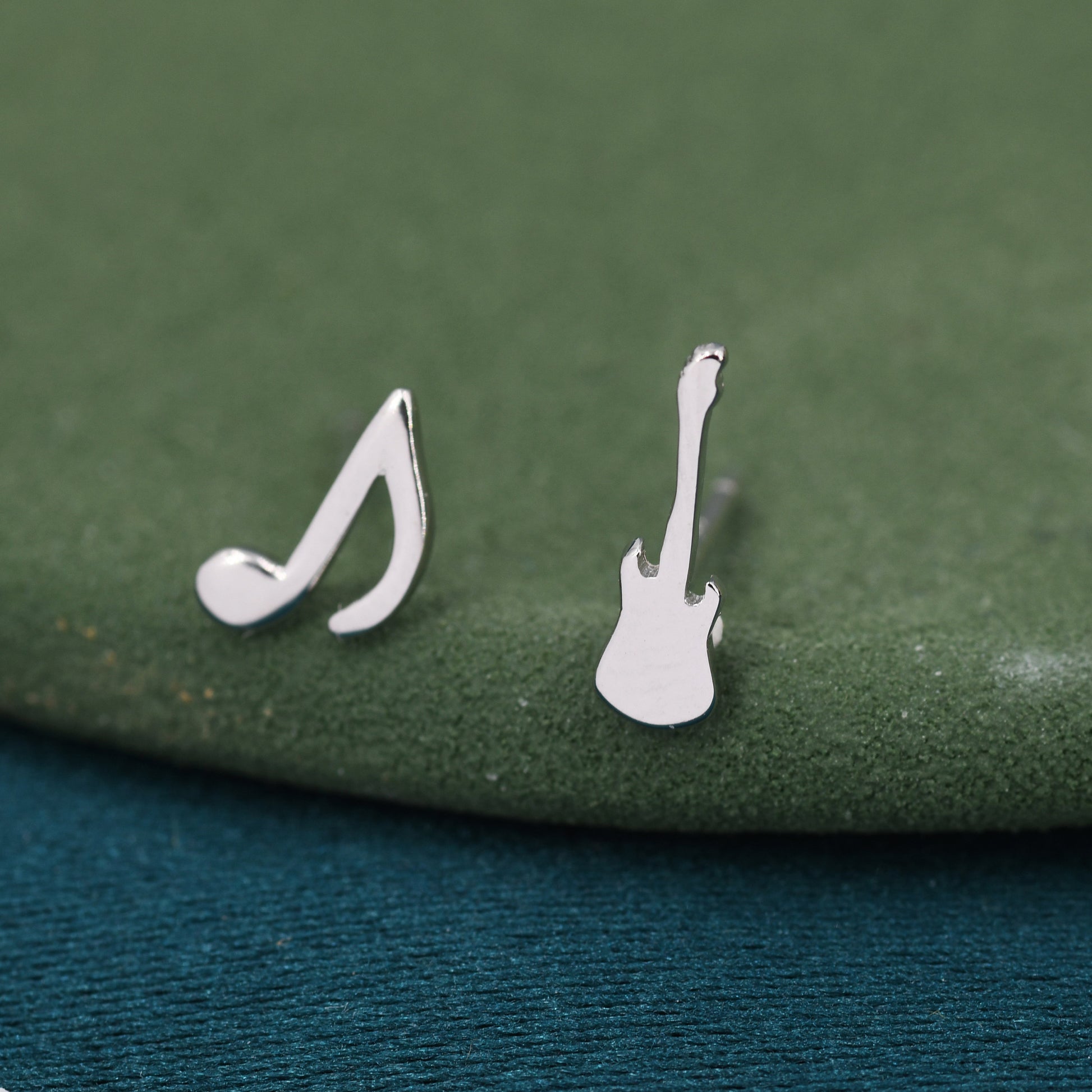 Mismatched Electric Guitar and Music Note Stud Earrings in Sterling Silver, Asymmetric Guitar and Music Earrings