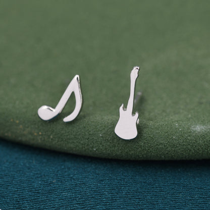 Mismatched Electric Guitar and Music Note Stud Earrings in Sterling Silver, Asymmetric Guitar and Music Earrings