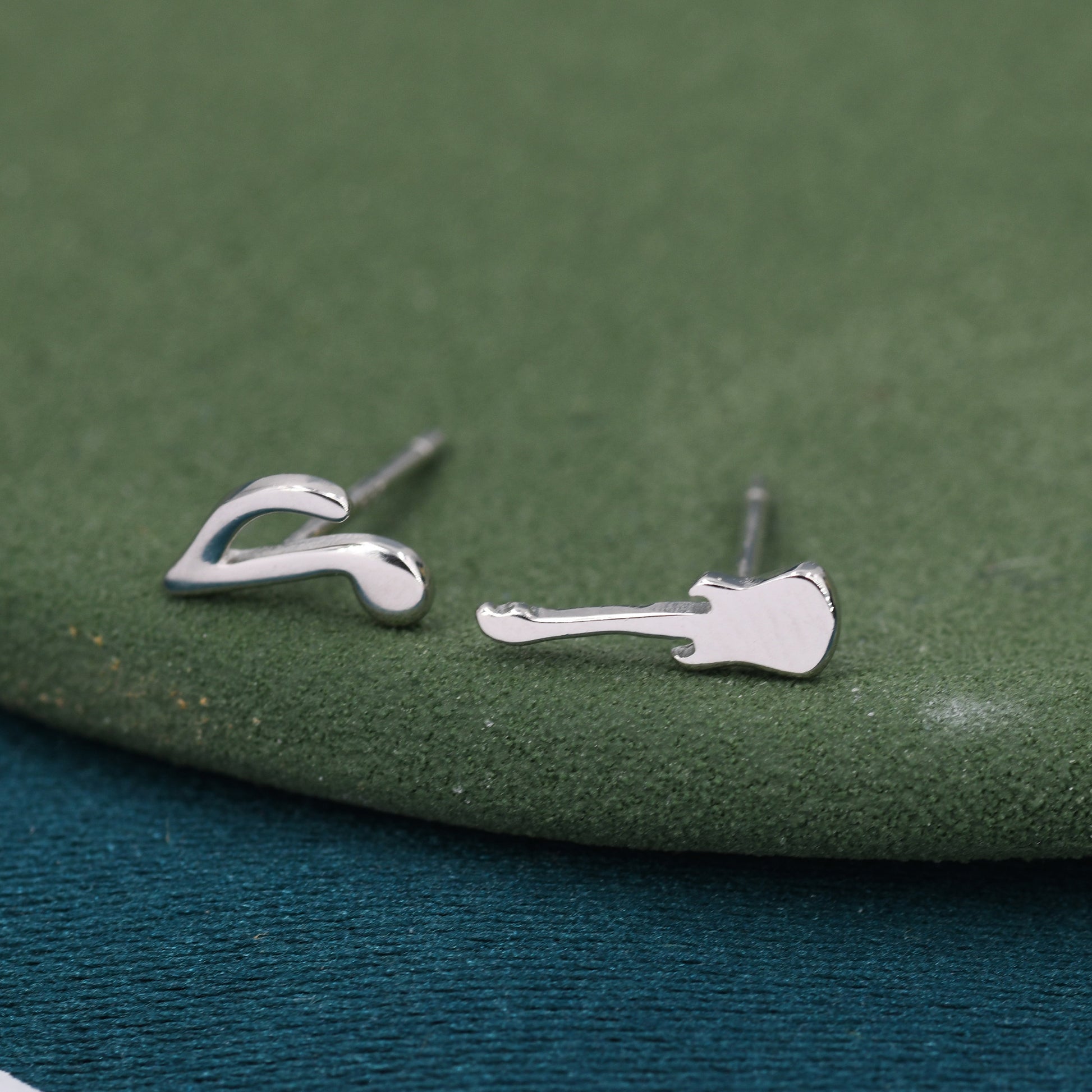 Mismatched Electric Guitar and Music Note Stud Earrings in Sterling Silver, Asymmetric Guitar and Music Earrings