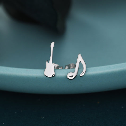 Mismatched Electric Guitar and Music Note Stud Earrings in Sterling Silver, Asymmetric Guitar and Music Earrings