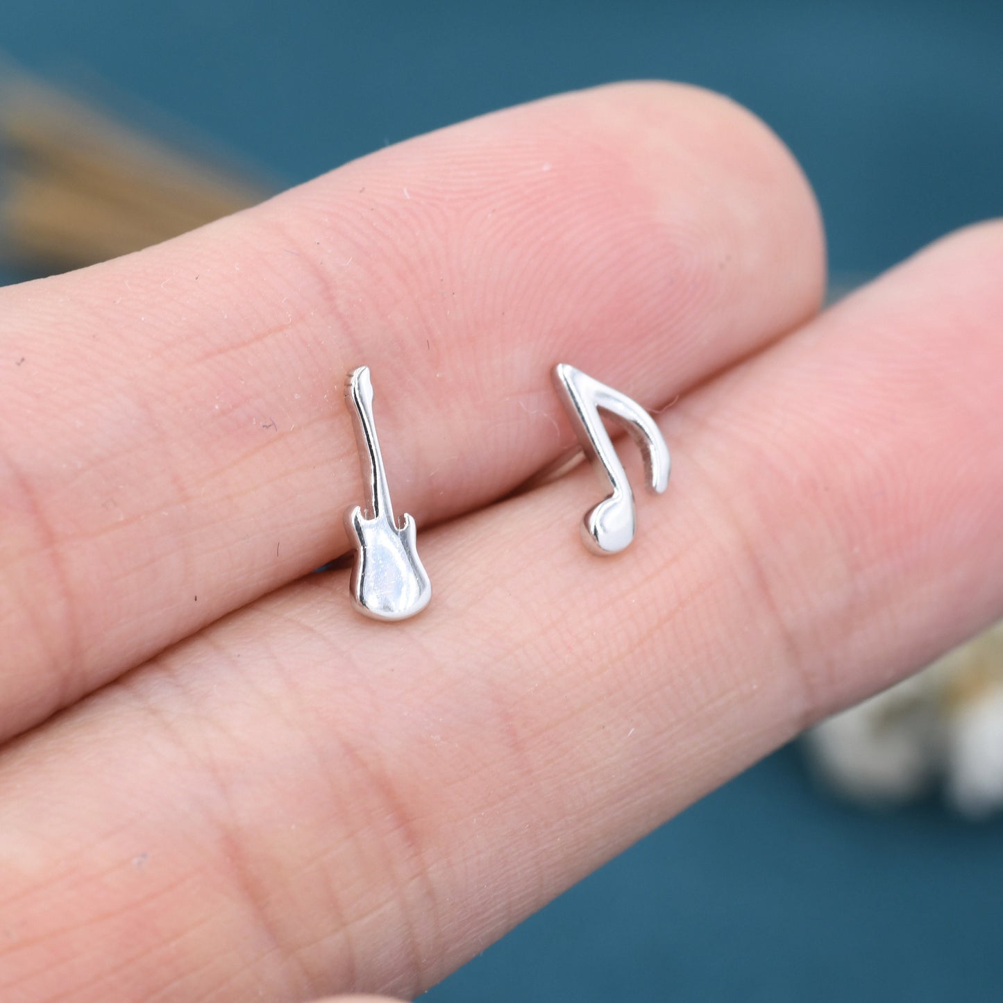 Mismatched Electric Guitar and Music Note Stud Earrings in Sterling Silver, Asymmetric Guitar and Music Earrings