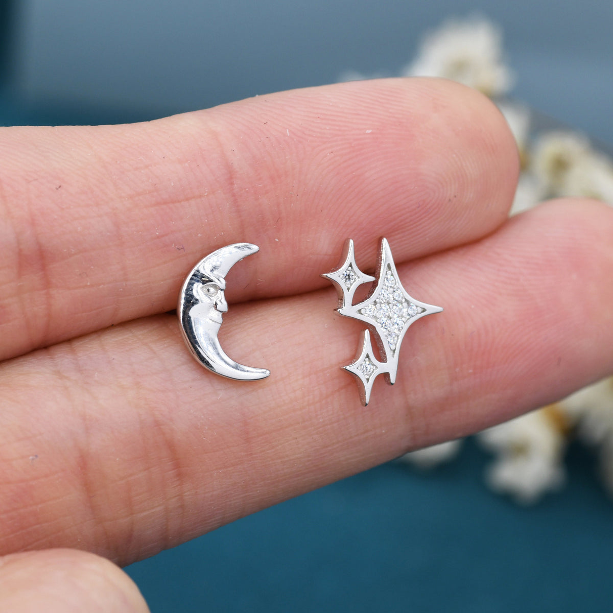 Mismatched Moon Face and Stars Stud Earrings in Sterling Silver, Asymmetric Moon and Star Fun Earrings