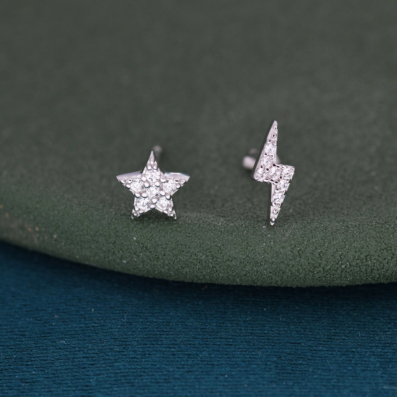Mismatched Tiny Star and Lightning Bolt Stud Earrings in Sterling Silver, Asymmetric CZ Star and Lightning Bolt Fun Earrings