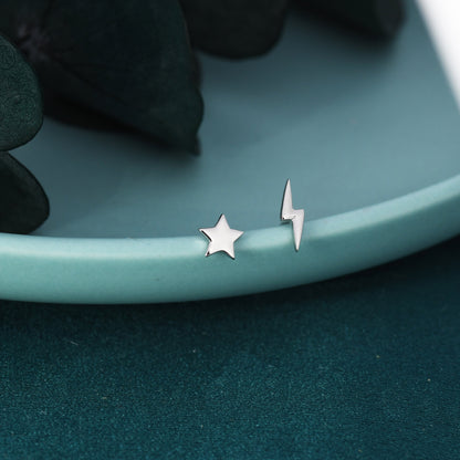 Mismatched Tiny Star and Lightning Bolt Stud Earrings in Sterling Silver, Asymmetric Extra Small Star and Lightning Bolt Fun Earrings