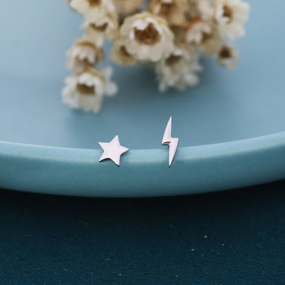 Mismatched Tiny Star and Lightning Bolt Stud Earrings in Sterling Silver, Asymmetric Extra Small Star and Lightning Bolt Fun Earrings