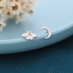 Mismatched Moth and Moon Stud Earrings in Sterling Silver, Asymmetric Moth and Crescent Moon Earrings