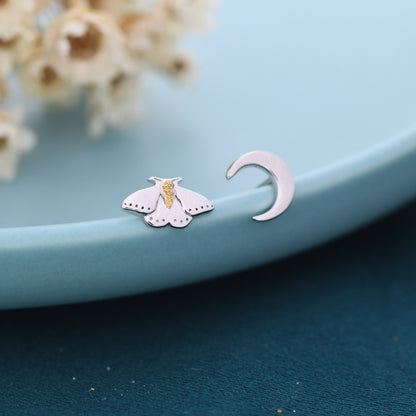 Mismatched Moth and Moon Stud Earrings in Sterling Silver, Asymmetric Moth and Crescent Moon Earrings