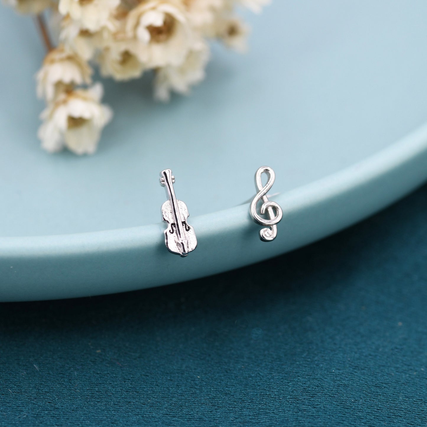 Mismatched Violin and Music Note Stud Earrings in Sterling Silver, Asymmetric Violin and Music Earrings