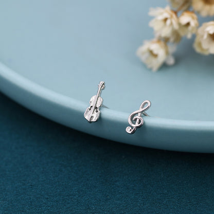 Mismatched Violin and Music Note Stud Earrings in Sterling Silver, Asymmetric Violin and Music Earrings