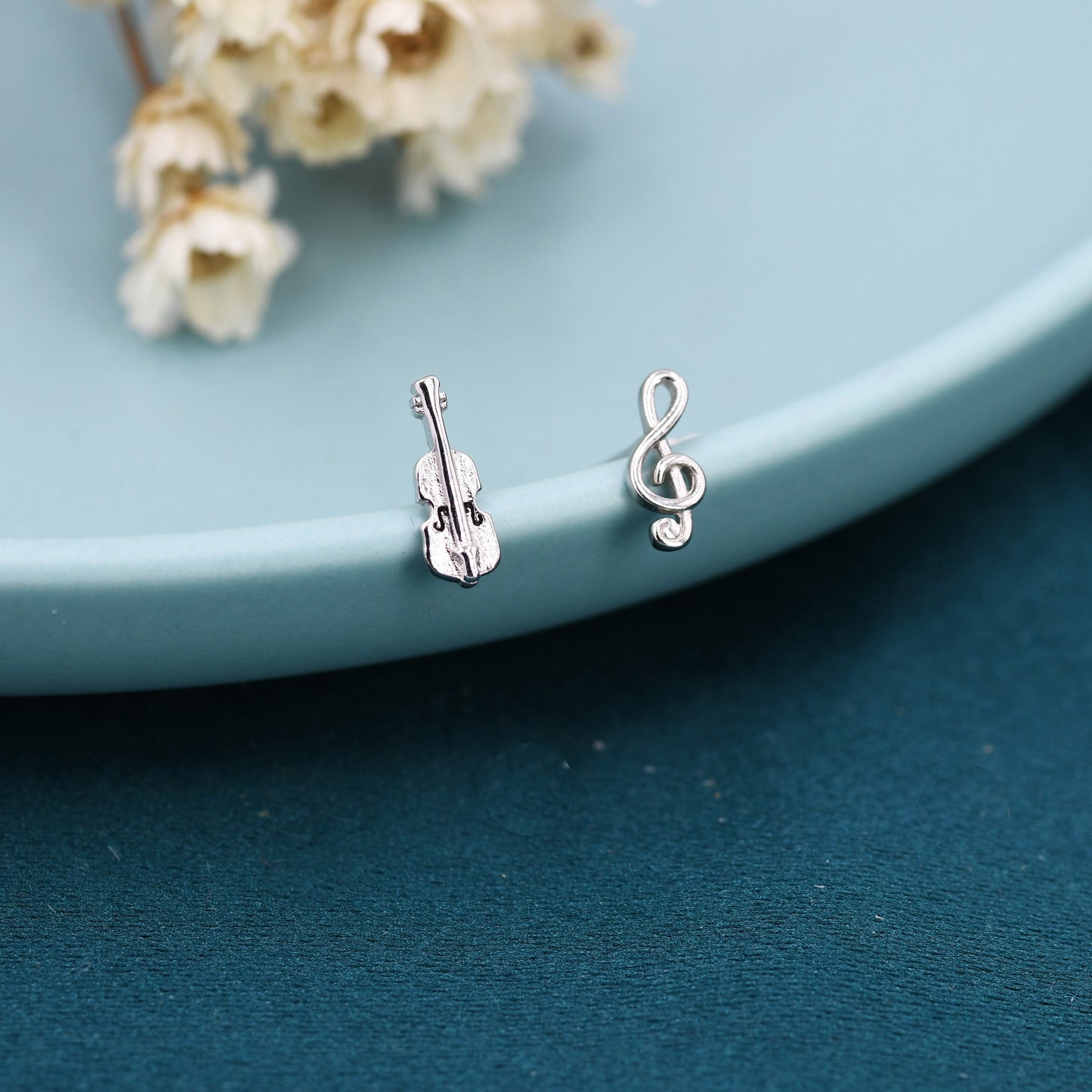 Mismatched Violin and Music Note Stud Earrings in Sterling Silver, Asymmetric Violin and Music Earrings