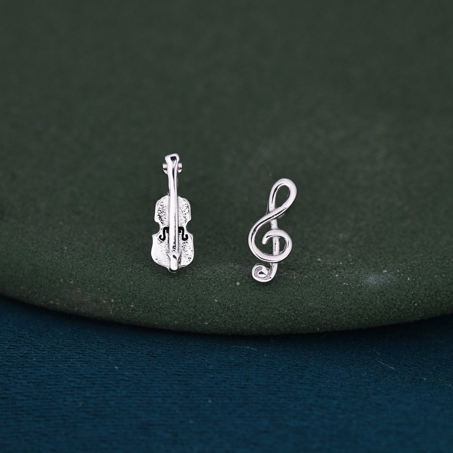 Mismatched Violin and Music Note Stud Earrings in Sterling Silver, Asymmetric Violin and Music Earrings