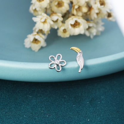 Mismatched Toucan and Flower Stud Earrings in Sterling Silver, Asymmetric Toucan Bird and Daisy Earrings